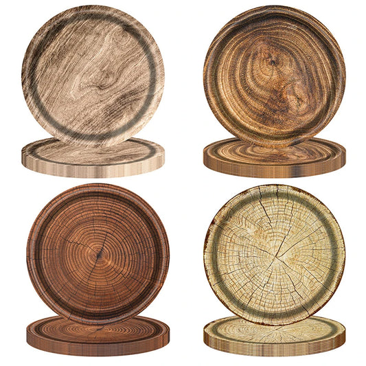 10Pcs 7/9-inch Retro Imitation Wood Grain Disposable Plate Paper Tray Birthday Party Holiday Decoration Household Tableware