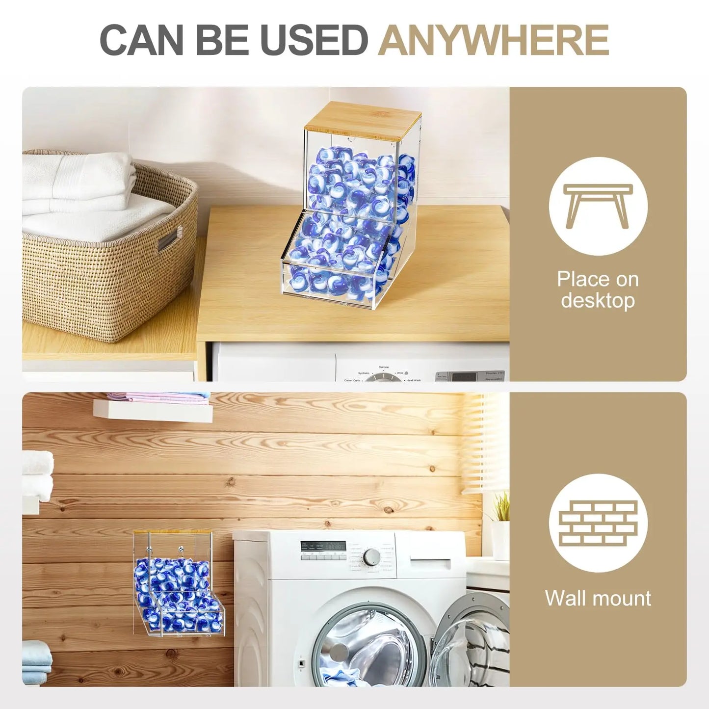 Washing Capsule Container Acrylic Storage Box With Bamboo Lid Wall Mounted Laundry Pods Organizer Clear Capsule Storage Box