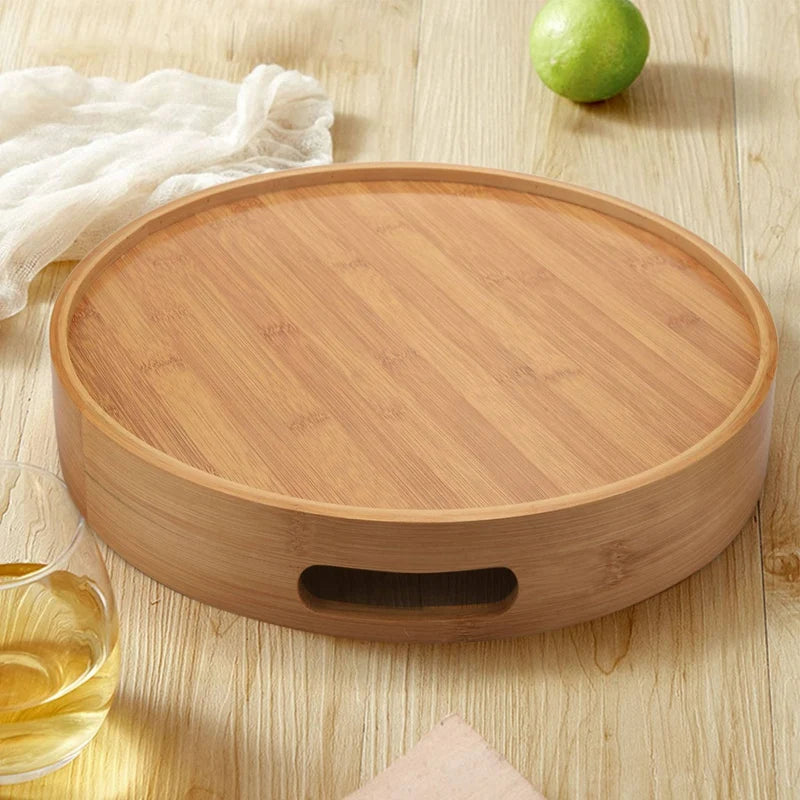 Promotion! Round Serving Bamboo Wooden Tray for Dinner Trays Tea Bar Breakfast Food Container Handle Storage Tray 3