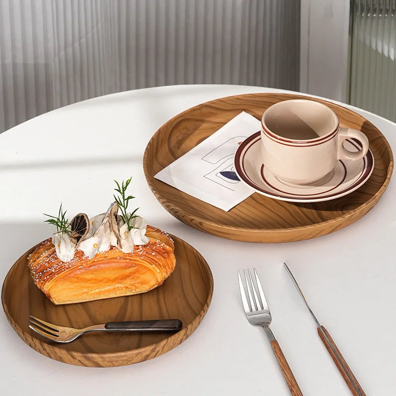 Wood grain tray for breakfast, premium cake, Japanese home coffee, dinner plate, tea tray, ins coffee shop round fruit tray