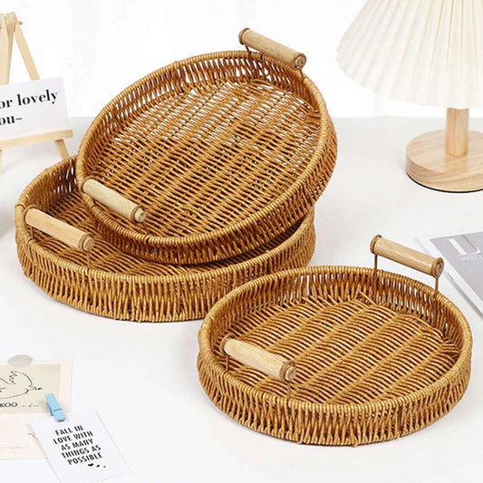 Multi-size Handwoven Rattan Storage Tray Round Wicker Basket Serving Tray With Wooden Handle Bread Food Plate Fruit Cake Platter