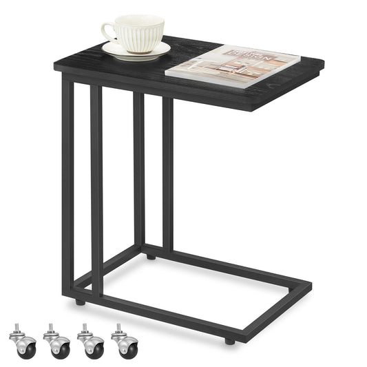 VASAGLE End Table, C Shaped TV Tray with Metal Frame Rolling Casters for Coffee Laptop Mobile Tablet, Industrial Side Table