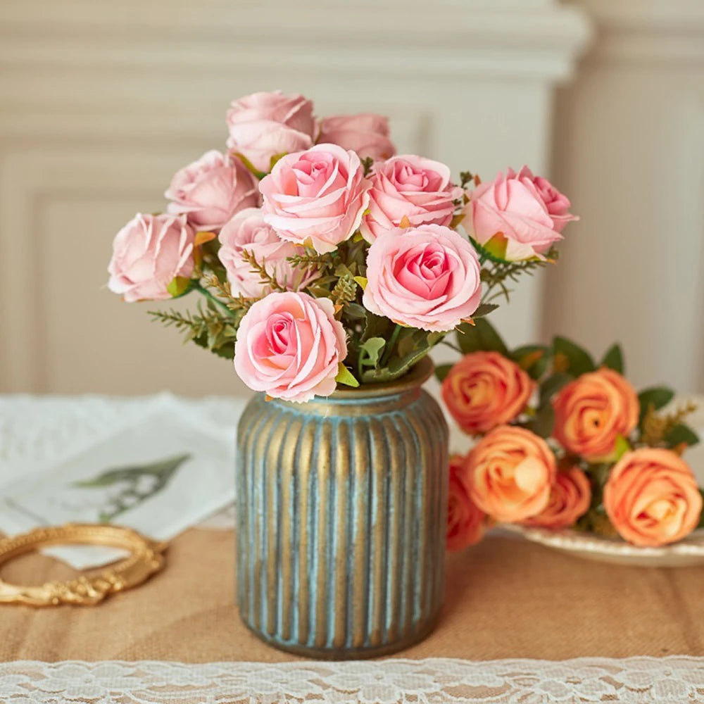 30cm Rose Pink Artificial Silk Flowers Bouquet for Cemetery 6-Heads Big Rose Peony Fake Flower for Wedding Home Table Decoration