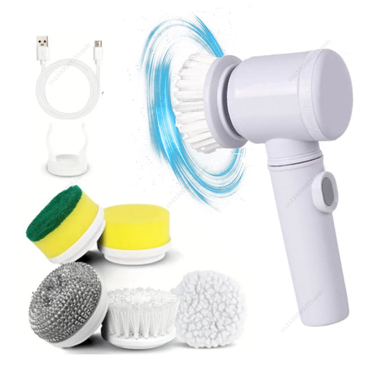 Electric Cleaning Brush Multifunctional Household Wireless Rotatable Cleaning Brush & 5 Replaceable Brush Head Shower Scrubber