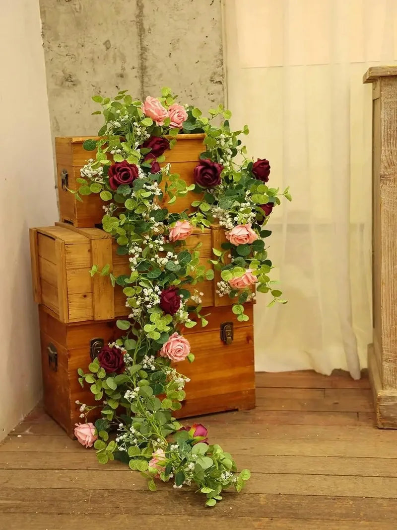 Artificial Flowers Silk Rose Gypsophila Garland Fake Eucalyptus Vine Hanging Plants for Wedding Home Party Craft Decor