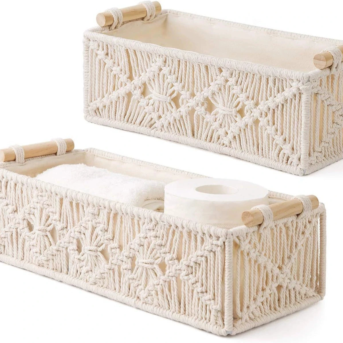 1Pcs Macrame Storage Basket Boho Decor Baskets for Organizing Countertop Toilet Paper Shelf Basket with Handle for Bathroom Bedr