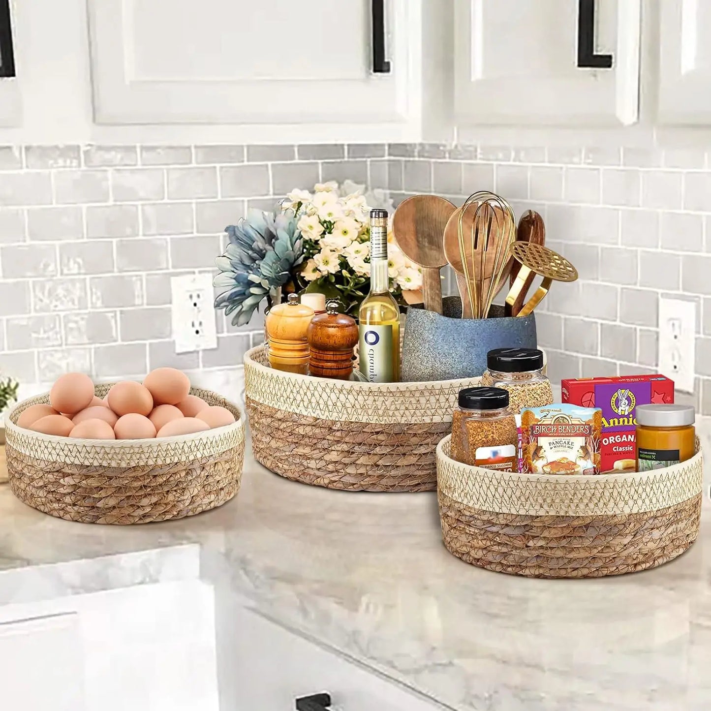 3 Size Woven Storage Basket, Organize Straw Cosmetics Storage Basket, Snack Food Storage Table Basket Made of Cattail Material