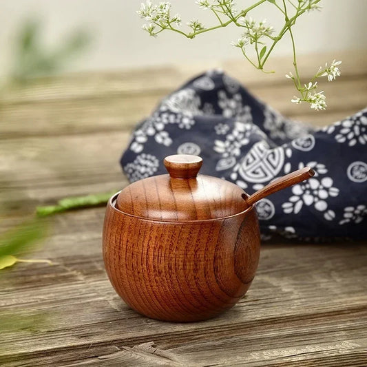 Wooden Seasoning Jar Salt Jar with Lid and Spoon Spice Pepper Seasoning Container Condiment Storage Bowl Household Kitchen Tool