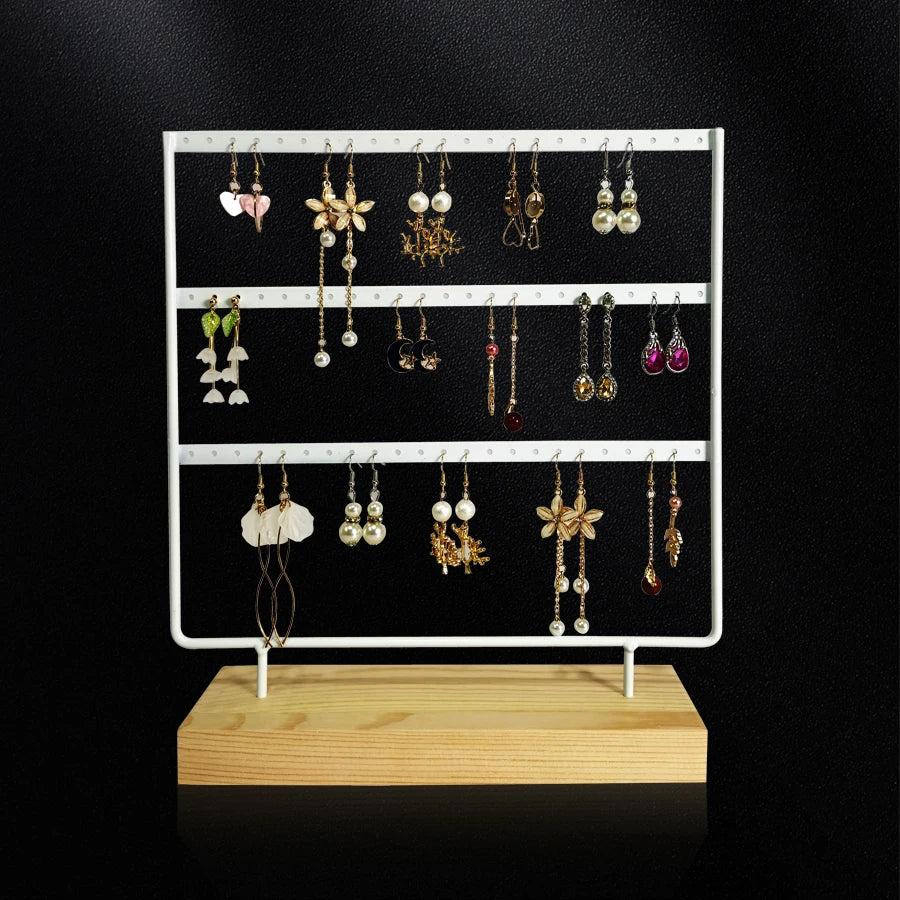 Solid Wood Base Metal Earrings Display Stand 3 Layers 69 Holes Jewelry Rack Earrings Studs Hanging Props Dresser Jewelry Storage