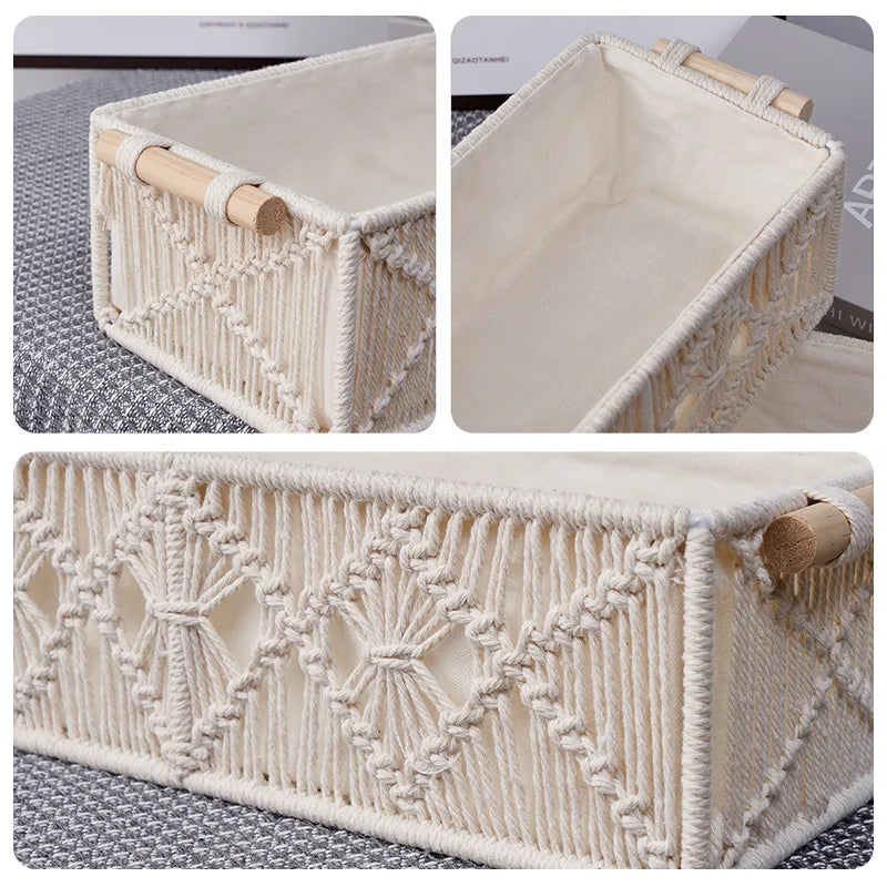 Handmade Woven Basket Cotton Rope Storage  Book Toy Desktop Sundries Storage Box Literary and Retro Style