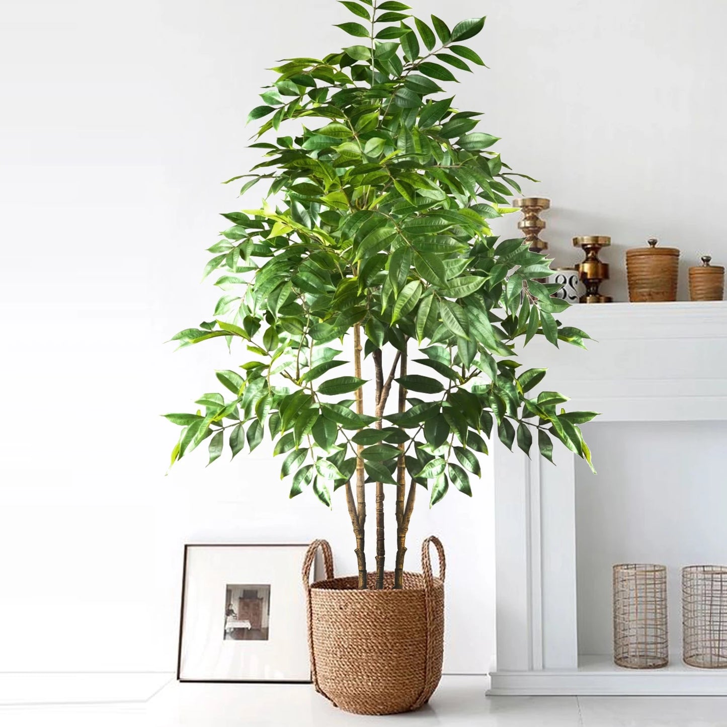 76-105-135cm/53.1in Artificial Ficus Tree Branch Fake Lacquer Tree Plastic Banyan Plants Green Tall Palm Leaves For Home Garden