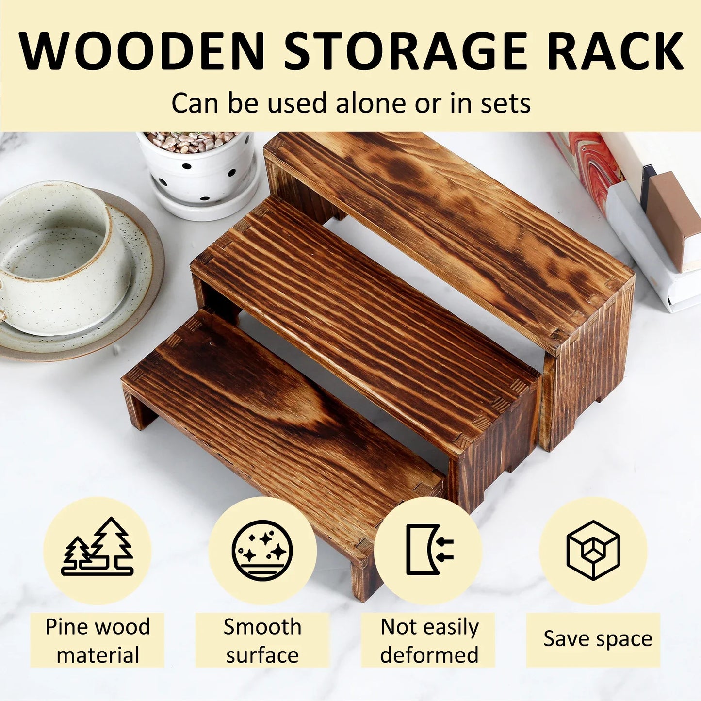 3Pcs Wood Display Stand Rectangle Wooden Riser Display Shelf Organizer Dessert Figurines Perfume Jewelry Ladder Organizer Shelf