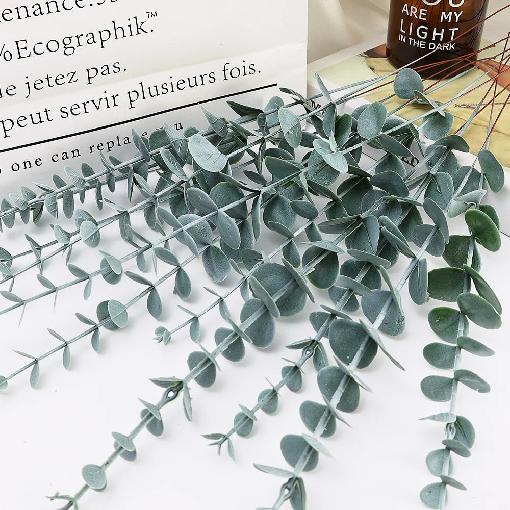 12/10PCS  Eucalyptus Leaves Bunch Branch Artificial Plastic Plants Leaves Green Stems Wedding Faux Fake Flowers Cake DIY Decor