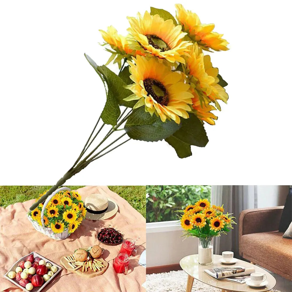 7 Heads Artificial Sunflower Bouquet Silk Fake Flower DIY Wedding Home Party Festival Decor Gift Centerpieces Living Room Supply
