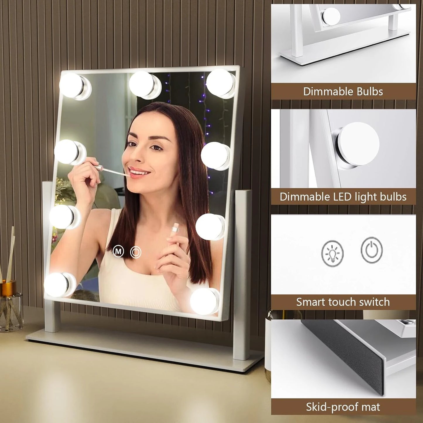 Vanity Makeup Mirror with Lights - 9/12 LED Bulbs, Touch Control, 3 Colors Light, 360° Rotation, Light Up Vanity Mirror