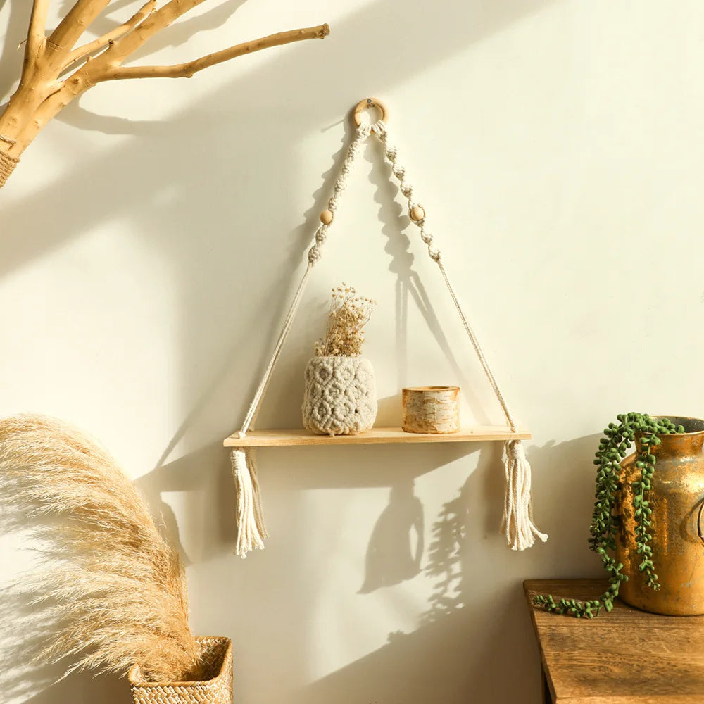 Wooden Macrame Wall Hanging Shelves - Boho Floating Shelves Macrame Plant Shelf Rustic Wall Decor for Bedroom Living Room Office