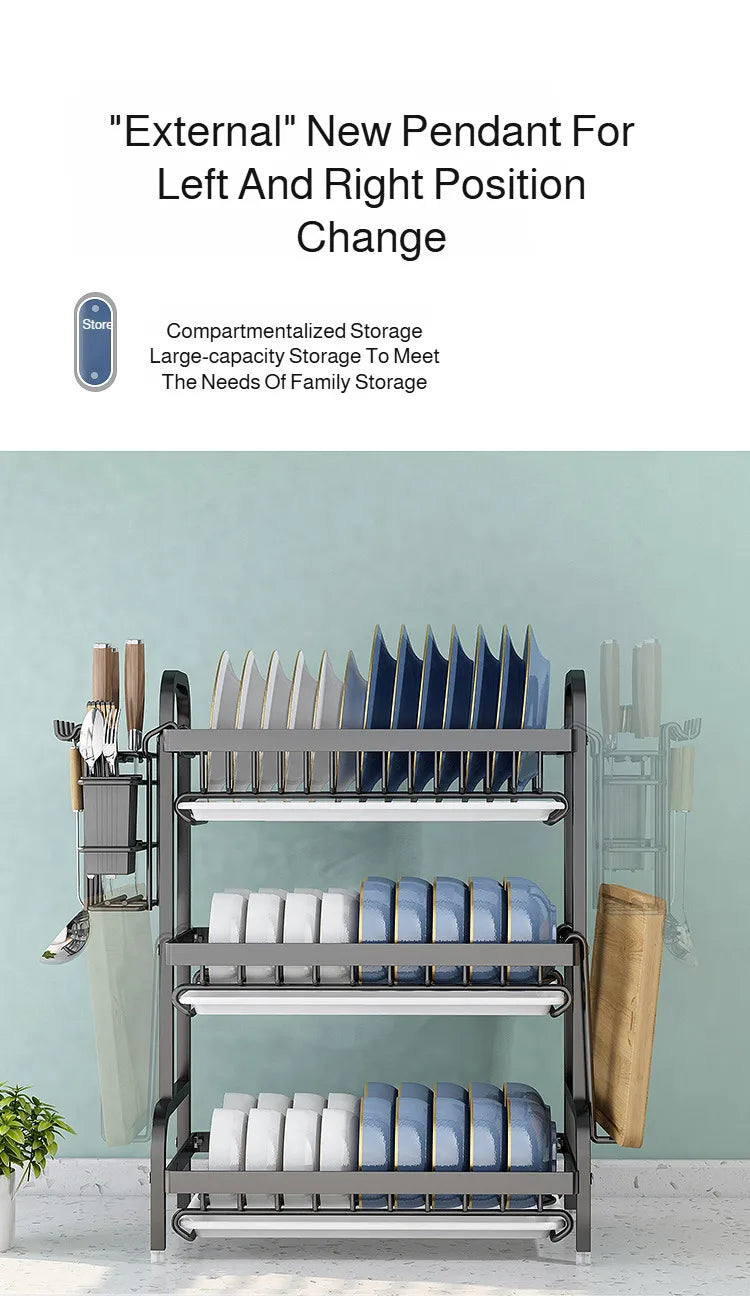 【Multi-Functional Kitchen Storage Rack】Dish Plate Organizer with Drainage Rack Countertop Utensil Holder for Chopsticks &
