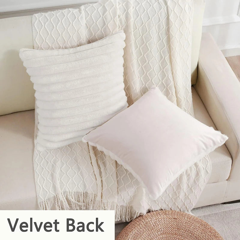 Pillow Cover Faux Rabbit Fur Square Cushion Big Thick Striped Super Soft Solid Color  45x45cm Sofa Decor Cushion Cover