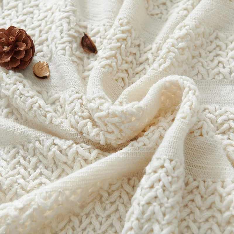 Cream White Textured Knitted Throw Blankets With Tassels Vintage Lightweight Farmhouse Gift Blankets 50x60inch Gift Blankets