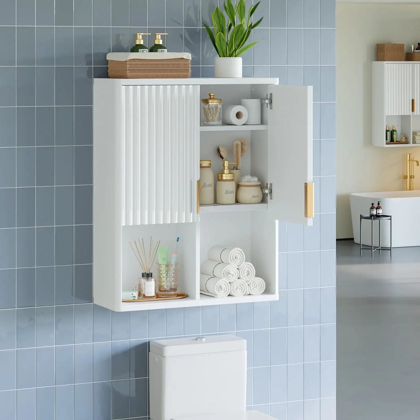 Fluted Wall-Mounted Bathroom Medicine Cabinet with Door & Shelves,23.62 x 8.27 x 29.84 Inches Wooden Over Toilet Storage Cabinet