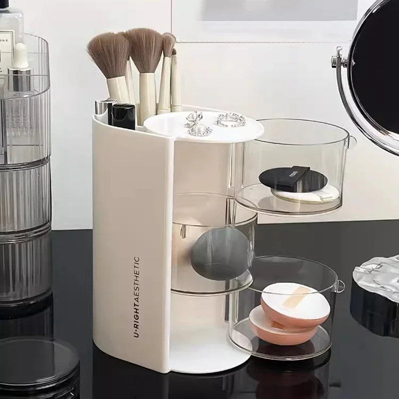 Rotating Cosmetic Storage Box Makeup Powder Puff Shelf Holder Dustproof Desktop Remover Cotton Brush Storage Rack Organizer