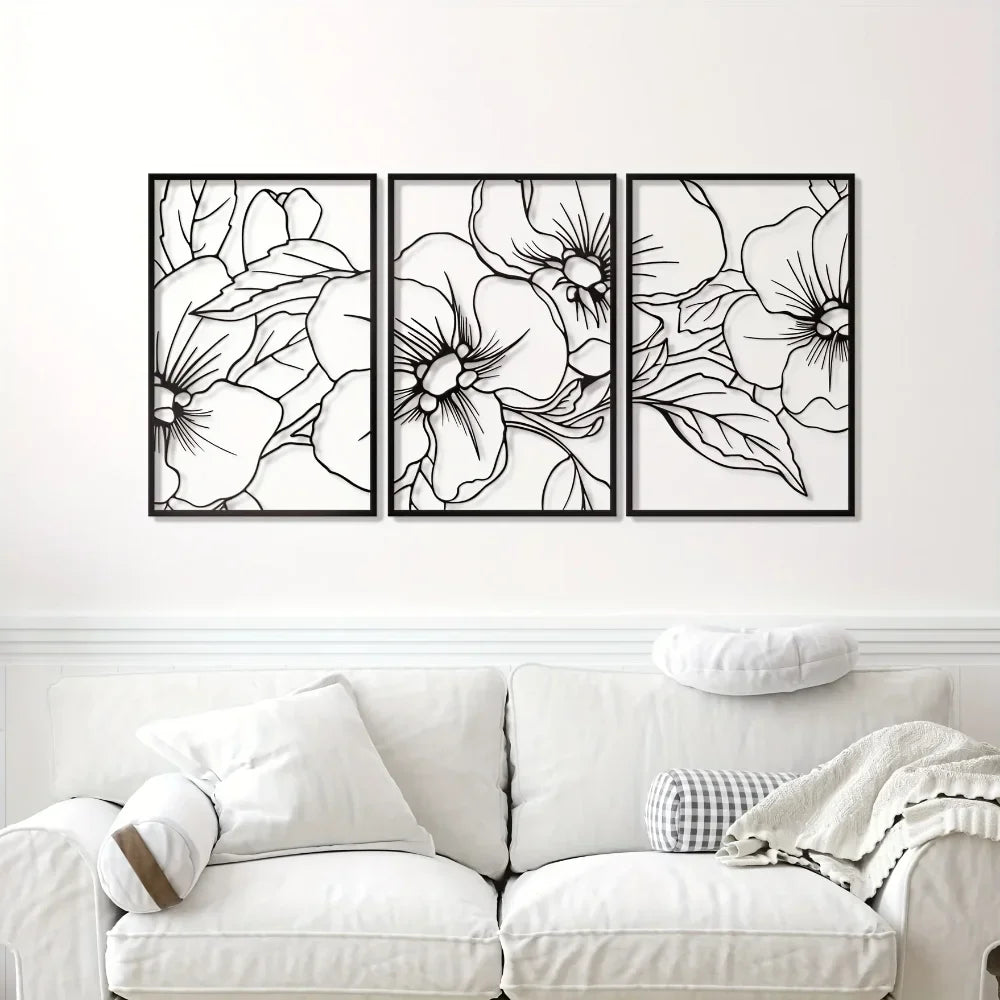 3 packs Minimalist Black Floral Metal Wall Art - Elegant Home Decor Accent,Wall decoration,Wall Sticker,Iron Art,Wall decoration