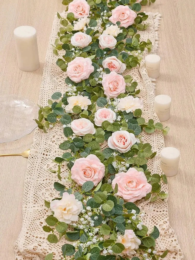Artificial Flowers Silk Rose Gypsophila Garland Fake Eucalyptus Vine Hanging Plants for Wedding Home Party Craft Decor