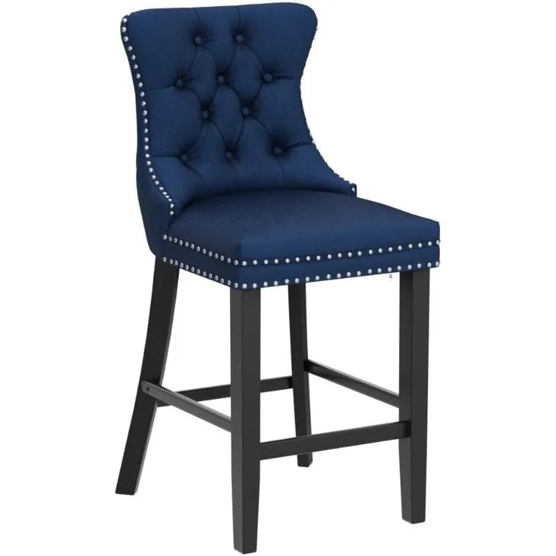 Upholstered Bar Stools Set of 4 with Wood Legs, Button Tufted,Chrome Nailhead, Counterstool Seat, Armles