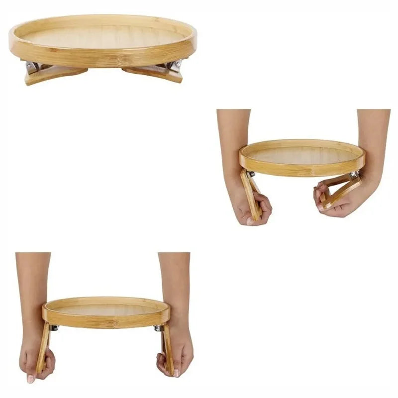 Wooden Sofa Armrest Tray Circular Clip on Breakfast Tray Home Use Foldable Sofa Side Table Snack Tray Integrated Storage Tray