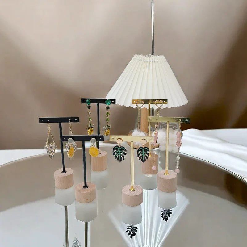 T Bar Earring Display Stand With Wooden Base Jewelry Holders Hanging Jewelry Organizer For Photography Props Iron jewelry rack