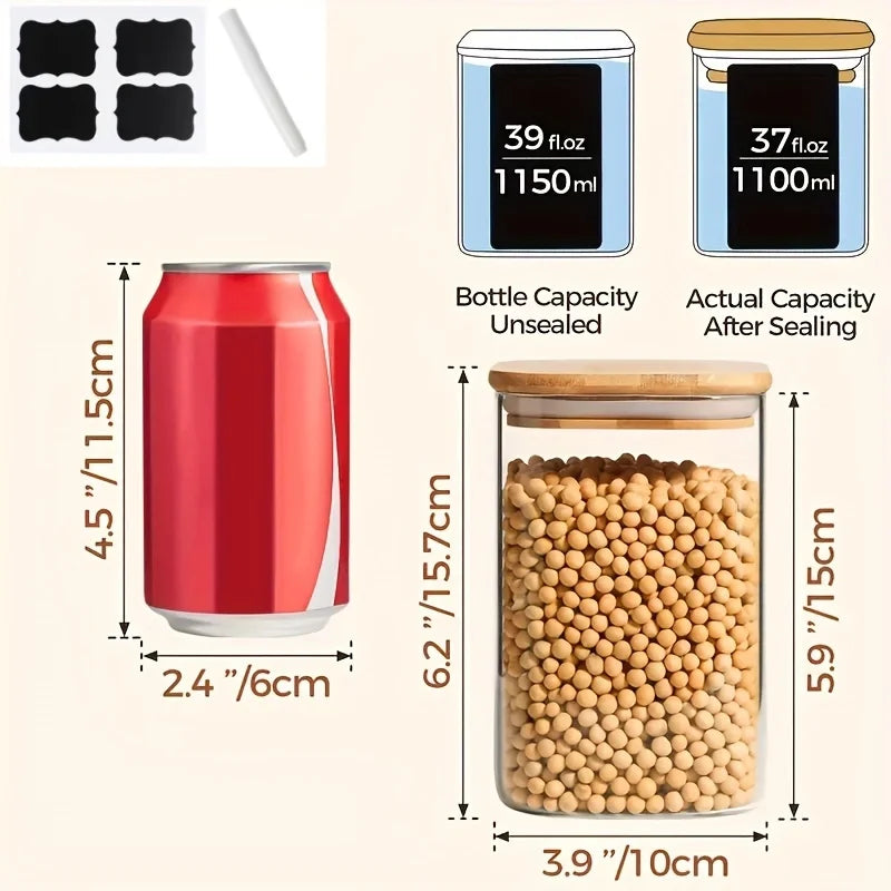 37oz Square Glass Jar, Kitchen Food Storage Container with Lid, Food Storage Container, Coffee Jar, Biscuit Jar, Waterproof Label + White Pen Combination Set 2/4Packs Kitchen Glass Storage Jar - Suitable for Kitchen Spice Jar