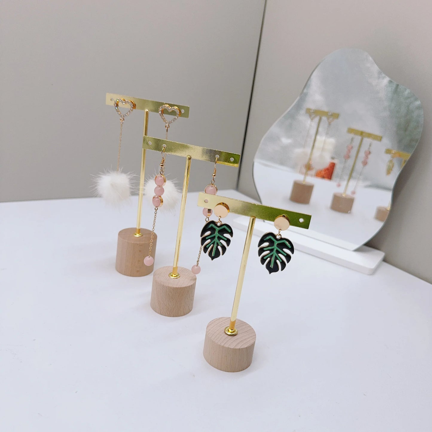 T Bar Earring Display Stand With Wooden Base Jewelry Holders Hanging Jewelry Organizer For Photography Props Iron jewelry rack