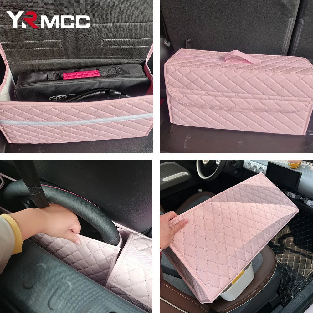 Car Pink Trunk Organizer Box PU Leather Storage Stowing Tidying Auto Large Storage Bag Folding Lady Car Stowing Tidying Boxes