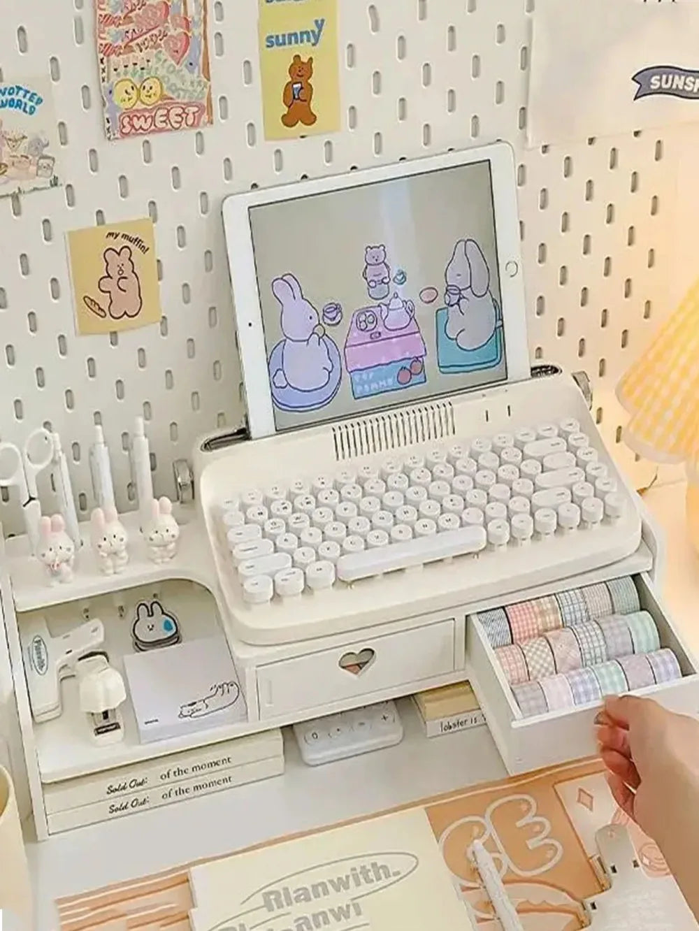 Desktop Added Shelf with Drawers Computer Monitor Stand Office Desk Storage Rack Dormitory Laptop Holder Stationery Organizer