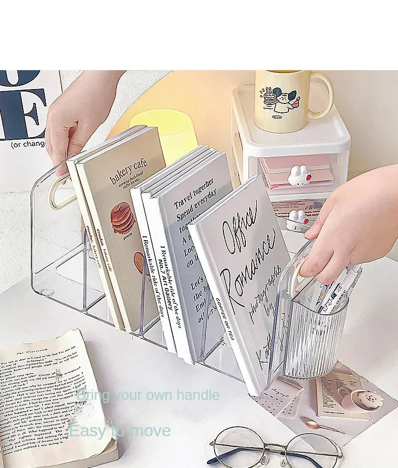 Convenient Clear Acrylic Bookends with Handle Desk Organizer Divided Book Stand Desktop Sorting Rack Study Supplies