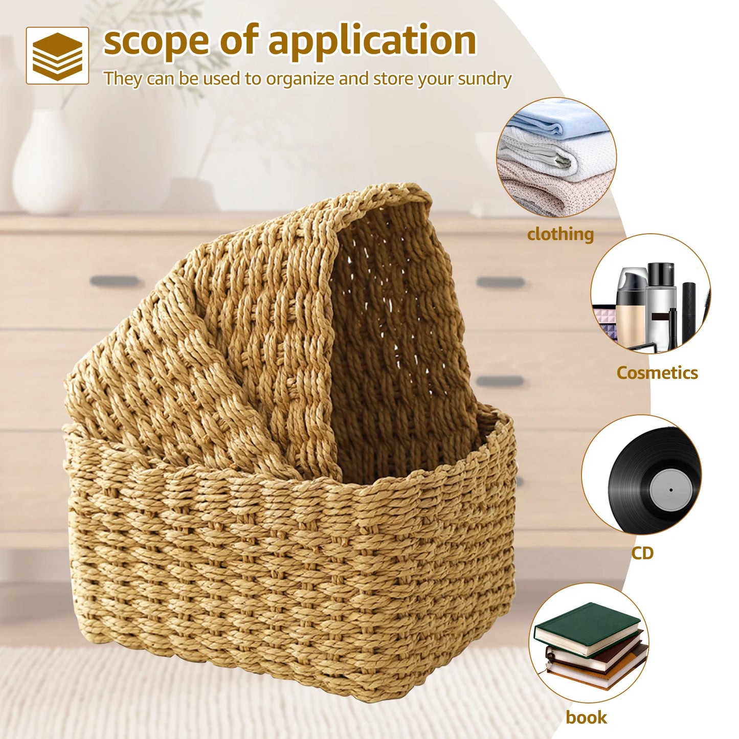 3Pcs Grass Woven Storage Baskets Decorative Woven Baskets for Storage Multifunctional Picnic Basket Fruit Cosmetic Storage Box