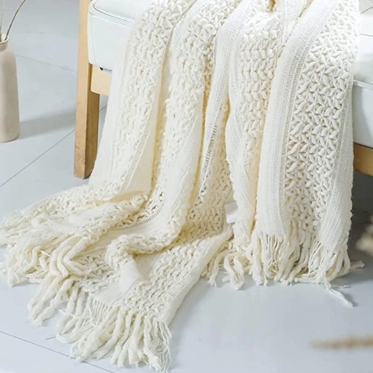 Cream White Textured Knitted Throw Blankets With Tassels Vintage Lightweight Farmhouse Gift Blankets 50x60inch Gift Blankets