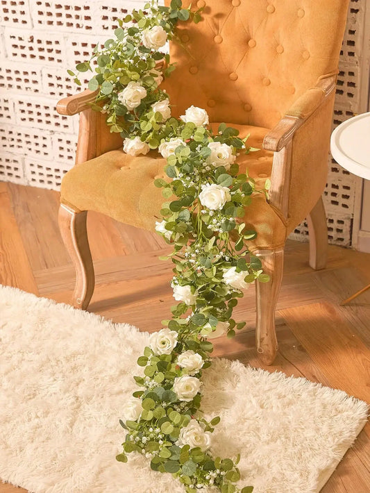 Artificial Flowers Silk Rose Gypsophila Garland Fake Eucalyptus Vine Hanging Plants for Wedding Home Party Craft Decor