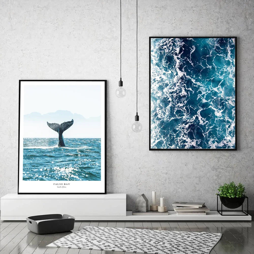 Scandinavian Minimalist Wall Art Blue Whale Tail Sea HD Canvas Oil Painting Poster Prints Home Bedroom Living Room Decoration