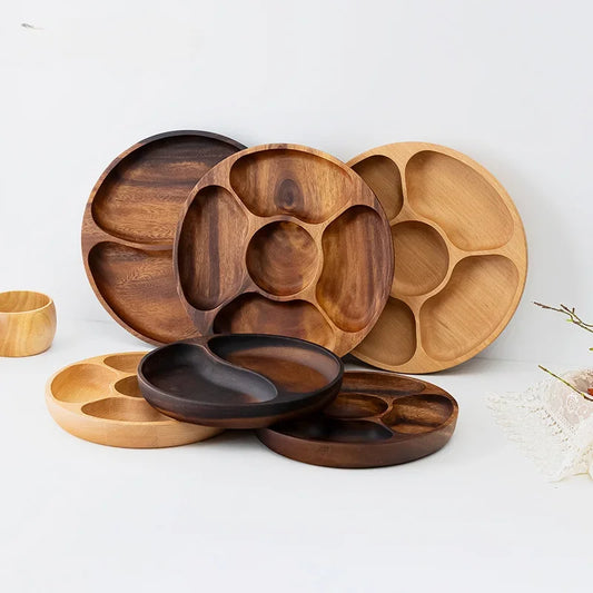 Wooden Divided Serving Trays Food Serving Tray With 5 Dining Grids Round Serving Tray Serving Dishes Perfect For Parties