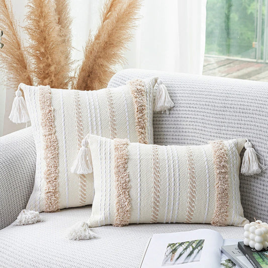 Battilo Boho Throw Pillow Cover Tufted Pillow Case with Tassels Neutral Woven Cushion Cover for Sofa Bed Living Room Home Decor