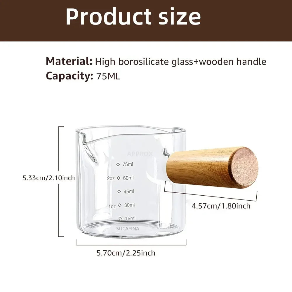 Glass Measuring Cup With Wood Handle 1pc Glass Espresso Measuring Cup Double Single Mouth Milk Coffee Clear Mug Coffee Supplies