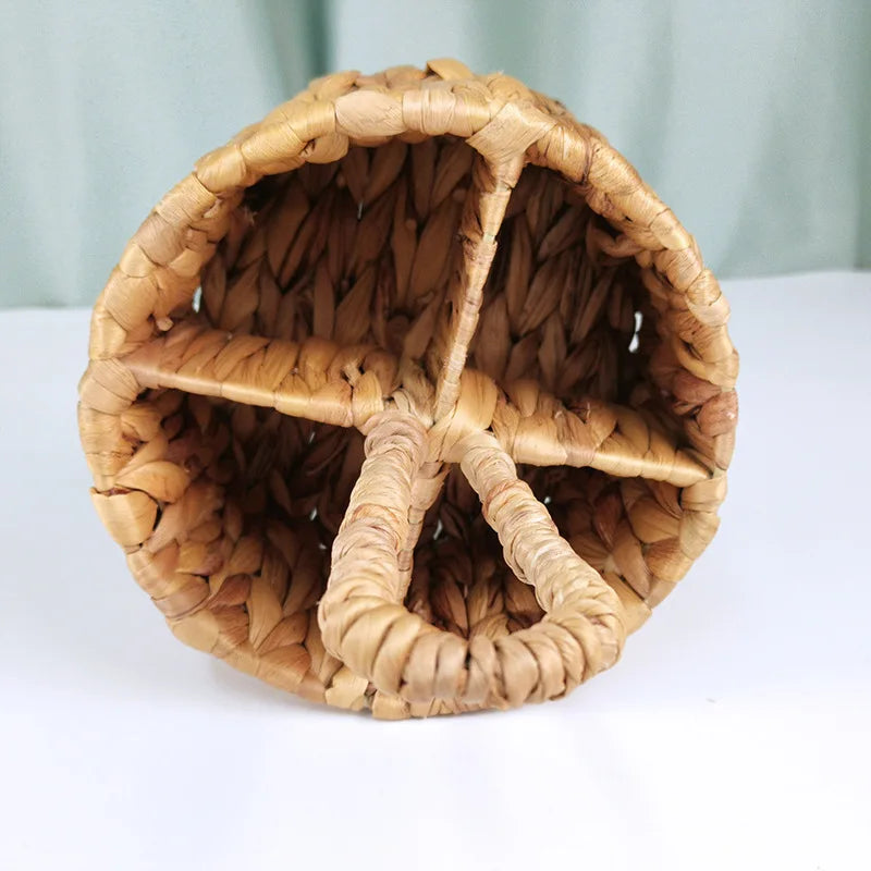 Rattan Wicker Storage Basket Hand Woven Flatware Organizer Round Storage Box Water Hyacinth Storage Basket Cutlery Holder