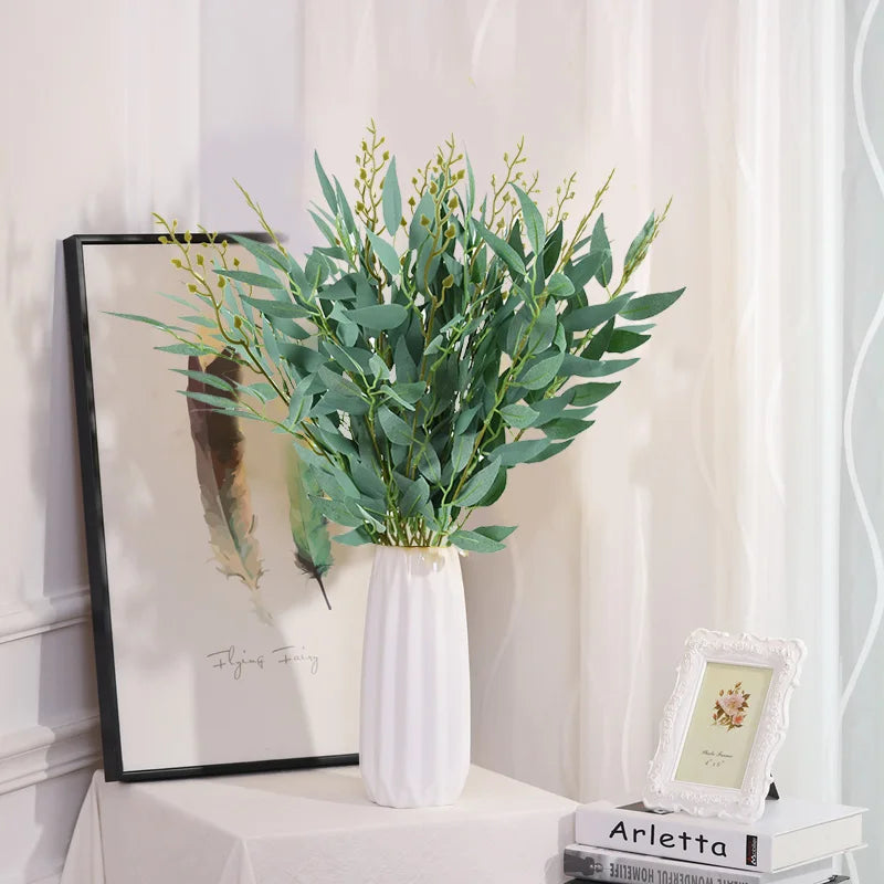 Silk Artificial Willow Bouquet Fake Green Leaves for Wedding Home Garden Vase Decoration Jungle Party DIY Plants Wreath