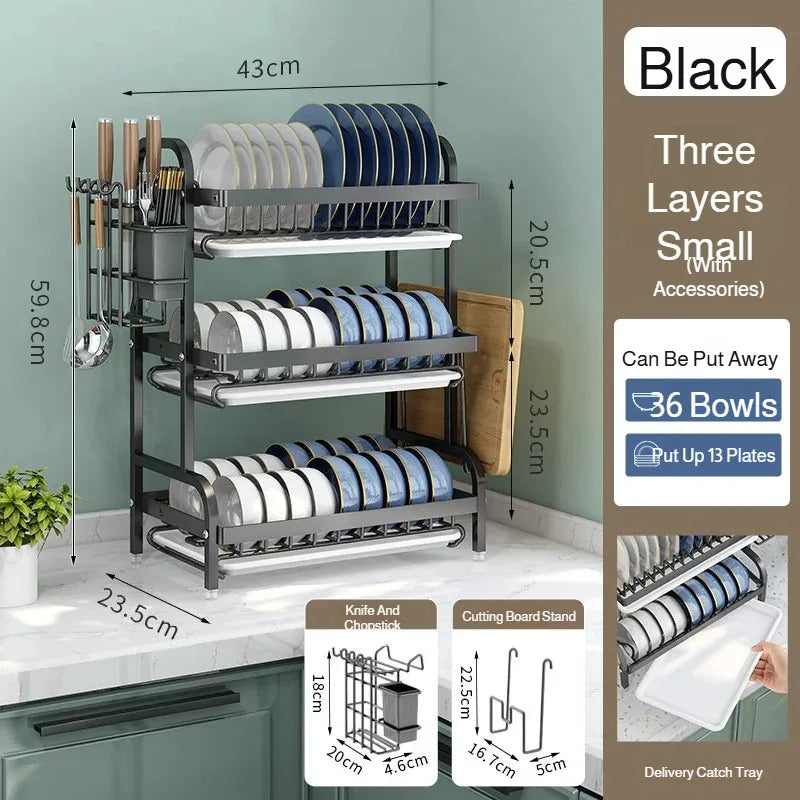 【Multi-Functional Kitchen Storage Rack】Dish Plate Organizer with Drainage Rack Countertop Utensil Holder for Chopsticks &