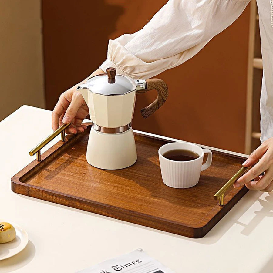 Wooden Rectangular Wooden Tray with Golden Metal Handle for Water Cup Fruit Food Bread Sundries Serving Tray Household Organizer