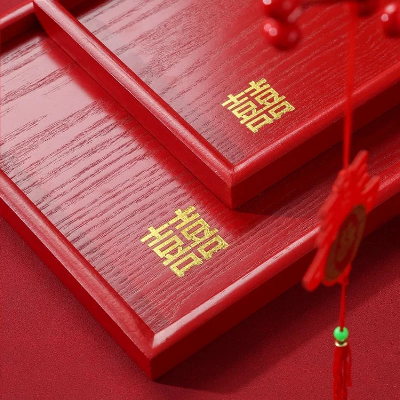Chinese Red Solid Wood Tray Wedding Wedding Decorative Tray Home Dry Brew Tea Tray Wedding Supplies