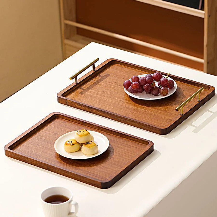 Wooden Rectangular Wooden Tray with Golden Metal Handle for Water Cup Fruit Food Bread Sundries Serving Tray Household Organizer