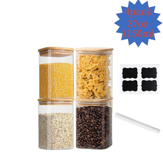37oz Square Glass Jar, Kitchen Food Storage Container with Lid, Food Storage Container, Coffee Jar, Biscuit Jar, Waterproof Label + White Pen Combination Set 2/4Packs Kitchen Glass Storage Jar - Suitable for Kitchen Spice Jar