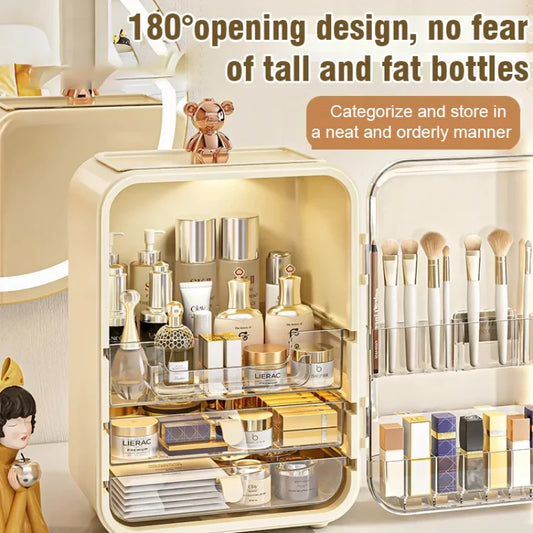 Light Luxury Cosmetic Organizer Large Capacity Cosmetics Storage Box With Led Mirror Jewellery Organizer Dustproof Luxury